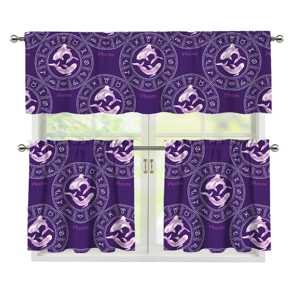 Purple Pisces Zodiac Pattern Print 3 Piece Kitchen Curtains