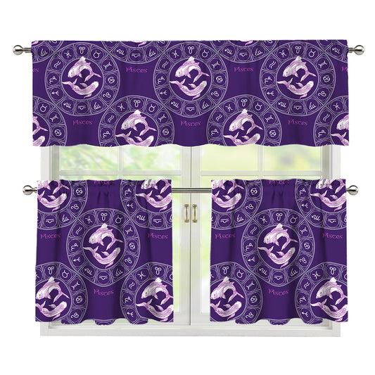 Purple Pisces Zodiac Pattern Print 3 Piece Kitchen Curtains