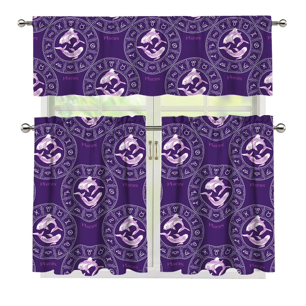 Purple Pisces Zodiac Pattern Print 3 Piece Kitchen Curtains