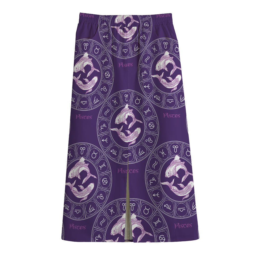 Purple Pisces Zodiac Pattern Print Cotton Front Slit Maxi Skirt