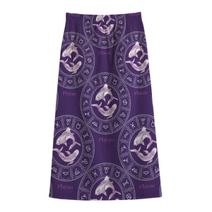 Purple Pisces Zodiac Pattern Print Cotton Front Slit Maxi Skirt