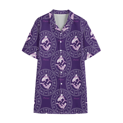 Purple Pisces Zodiac Pattern Print Cotton Hawaiian Shirt