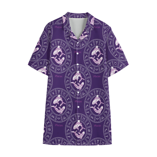 Purple Pisces Zodiac Pattern Print Cotton Hawaiian Shirt