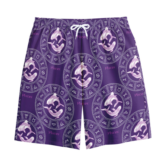 Purple Pisces Zodiac Pattern Print Cotton Shorts