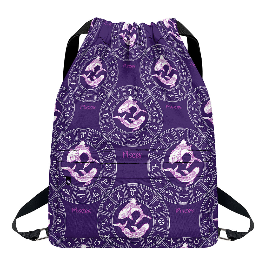 Purple Pisces Zodiac Pattern Print Drawstring Backpack