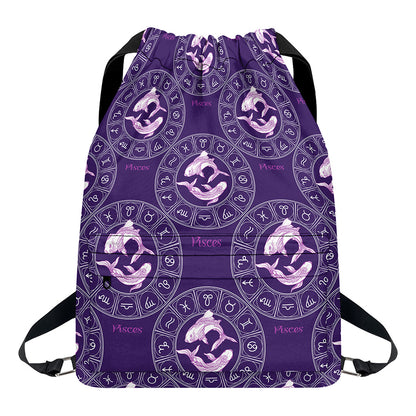 Purple Pisces Zodiac Pattern Print Drawstring Backpack
