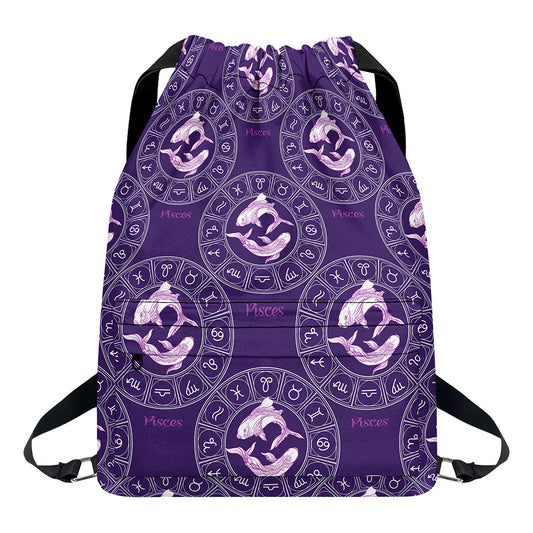 Purple Pisces Zodiac Pattern Print Drawstring Backpack
