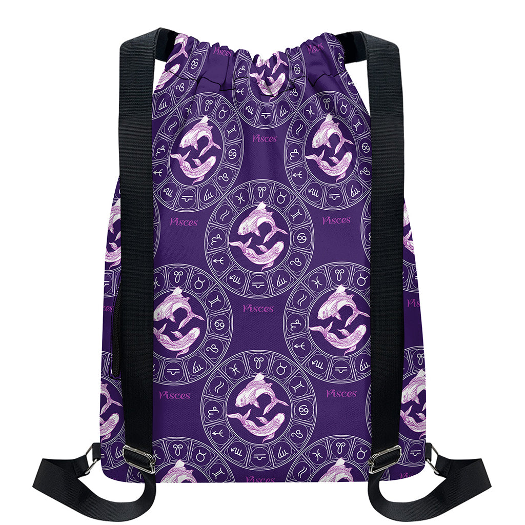 Purple Pisces Zodiac Pattern Print Drawstring Backpack