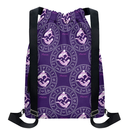 Purple Pisces Zodiac Pattern Print Drawstring Backpack