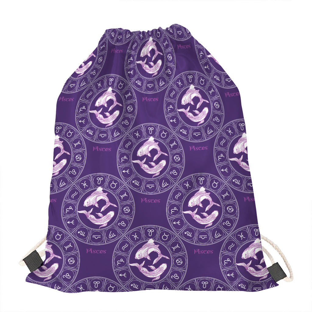 Purple Pisces Zodiac Pattern Print Drawstring Bag