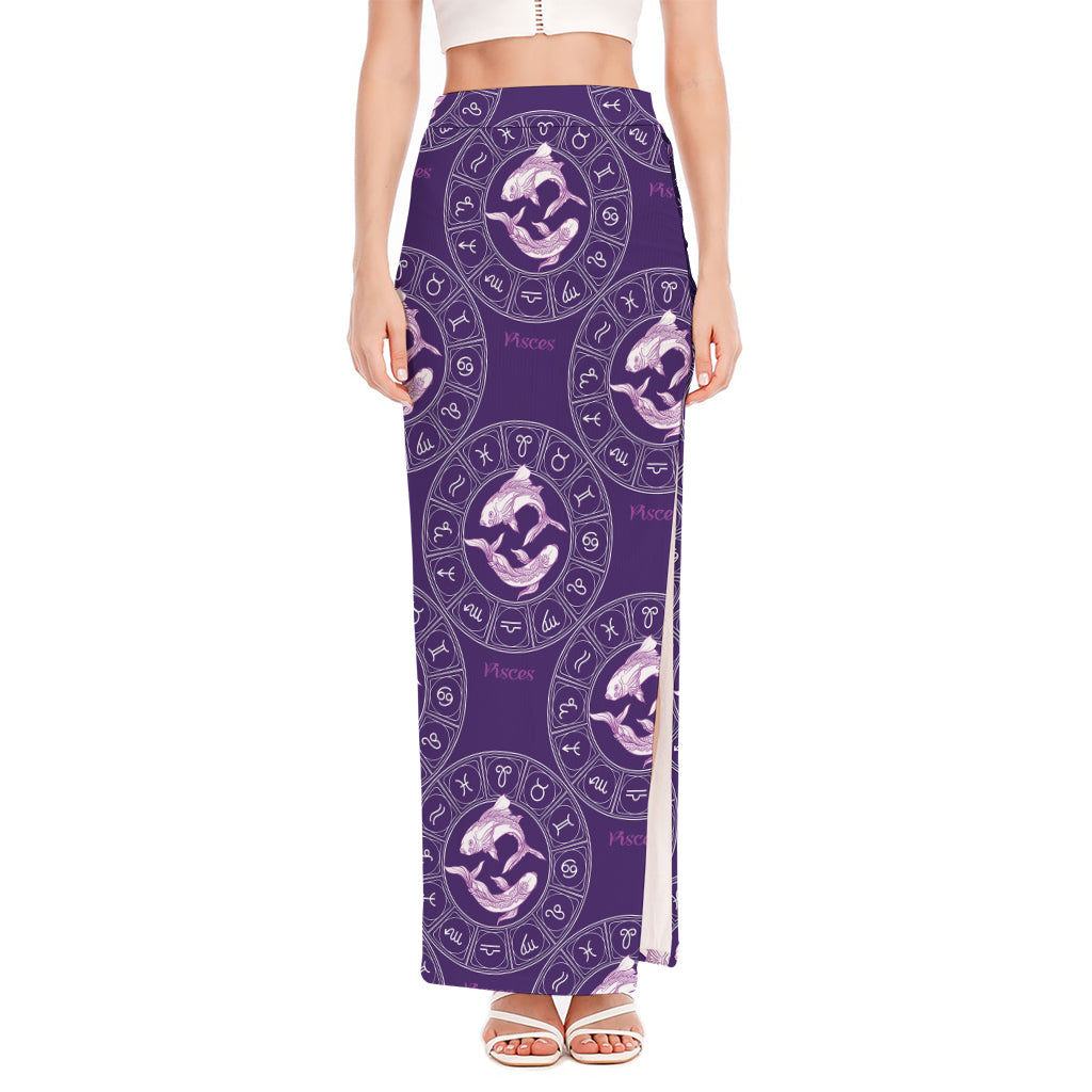 Purple Pisces Zodiac Pattern Print High Slit Maxi Skirt