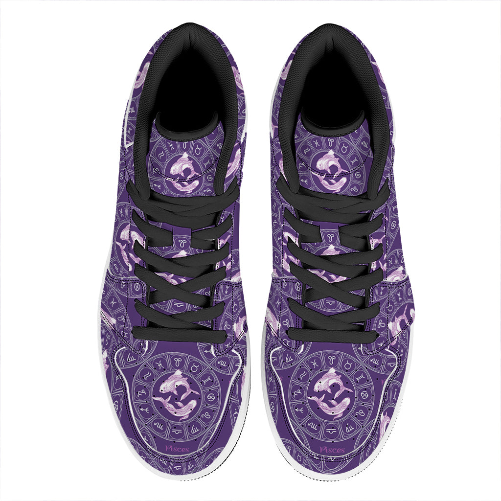 Purple Pisces Zodiac Pattern Print High Top Leather Sneakers