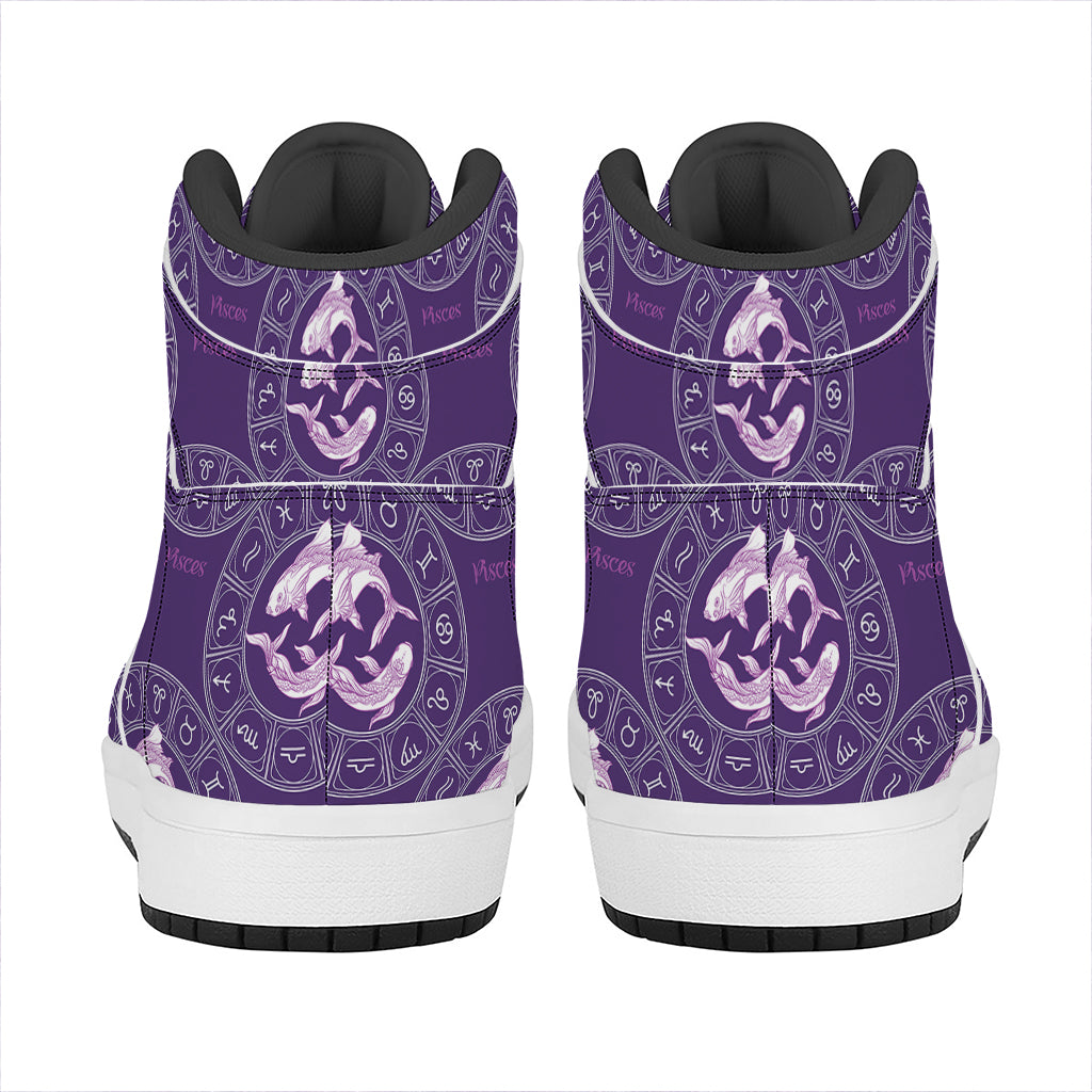 Purple Pisces Zodiac Pattern Print High Top Leather Sneakers