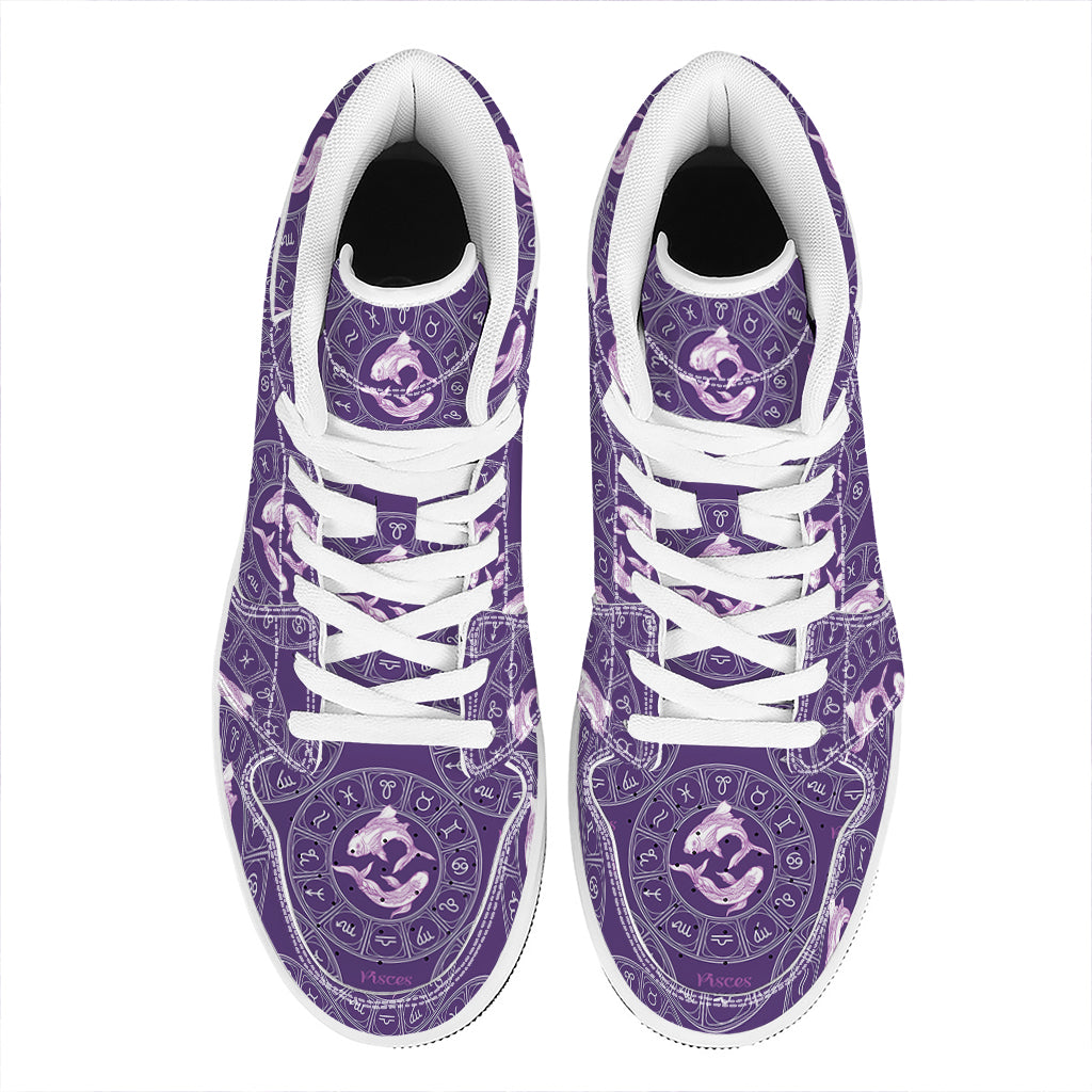 Purple Pisces Zodiac Pattern Print High Top Leather Sneakers