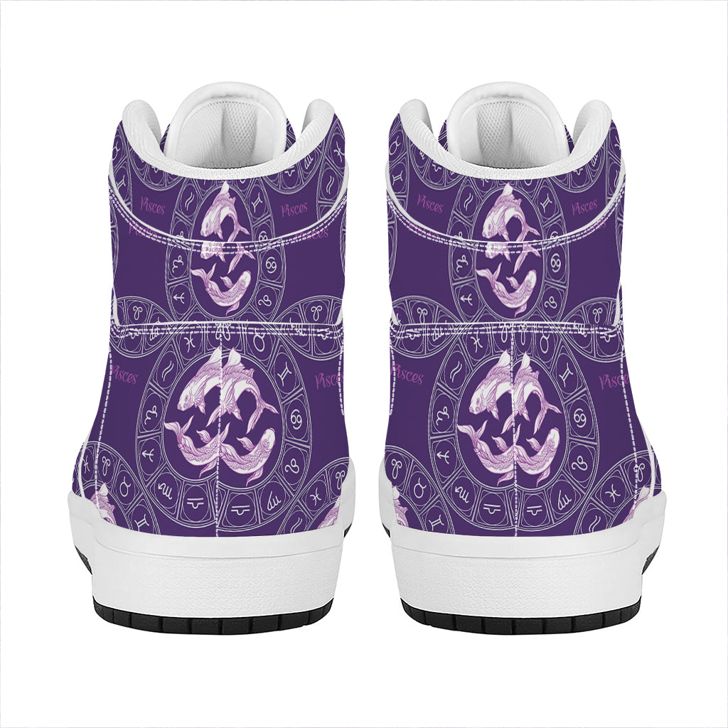 Purple Pisces Zodiac Pattern Print High Top Leather Sneakers