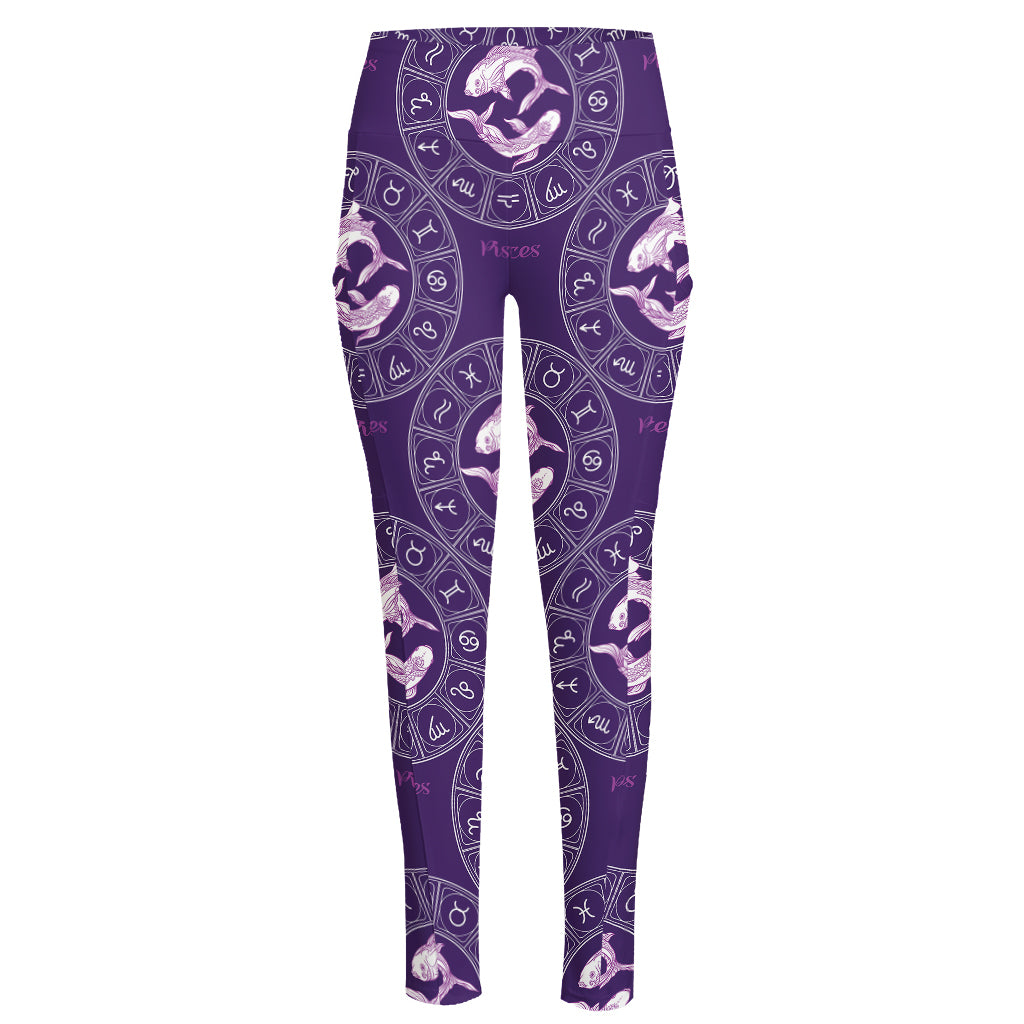 Purple Pisces Zodiac Pattern Print High-Waisted Pocket Leggings