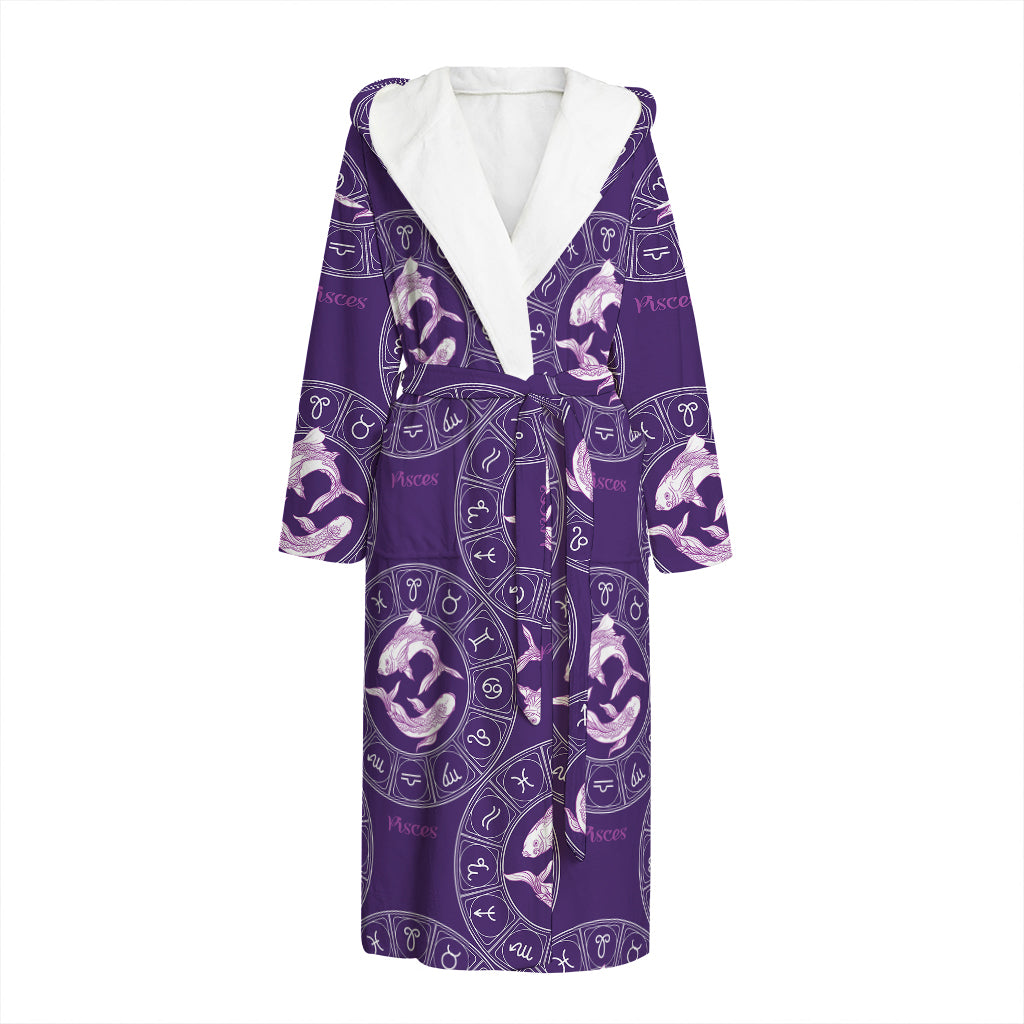 Purple Pisces Zodiac Pattern Print Hooded Bathrobe