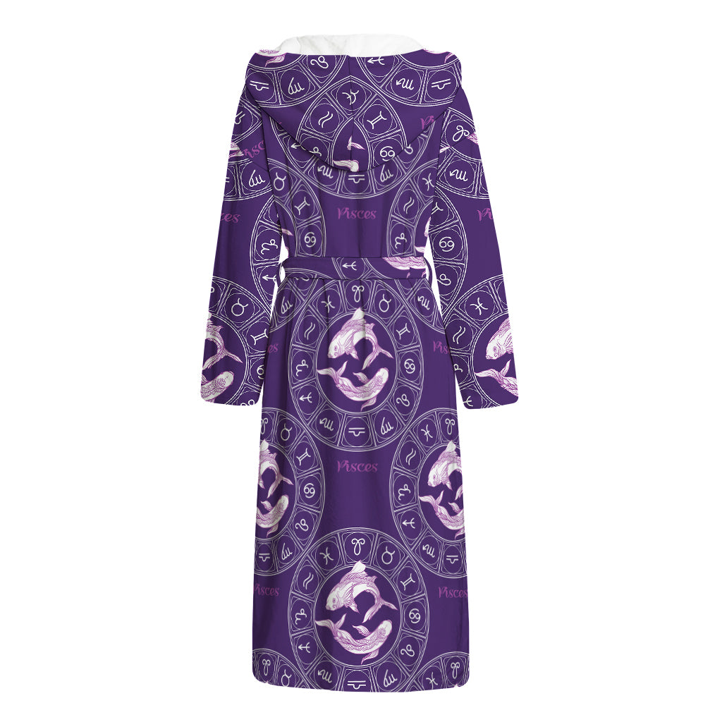 Purple Pisces Zodiac Pattern Print Hooded Bathrobe