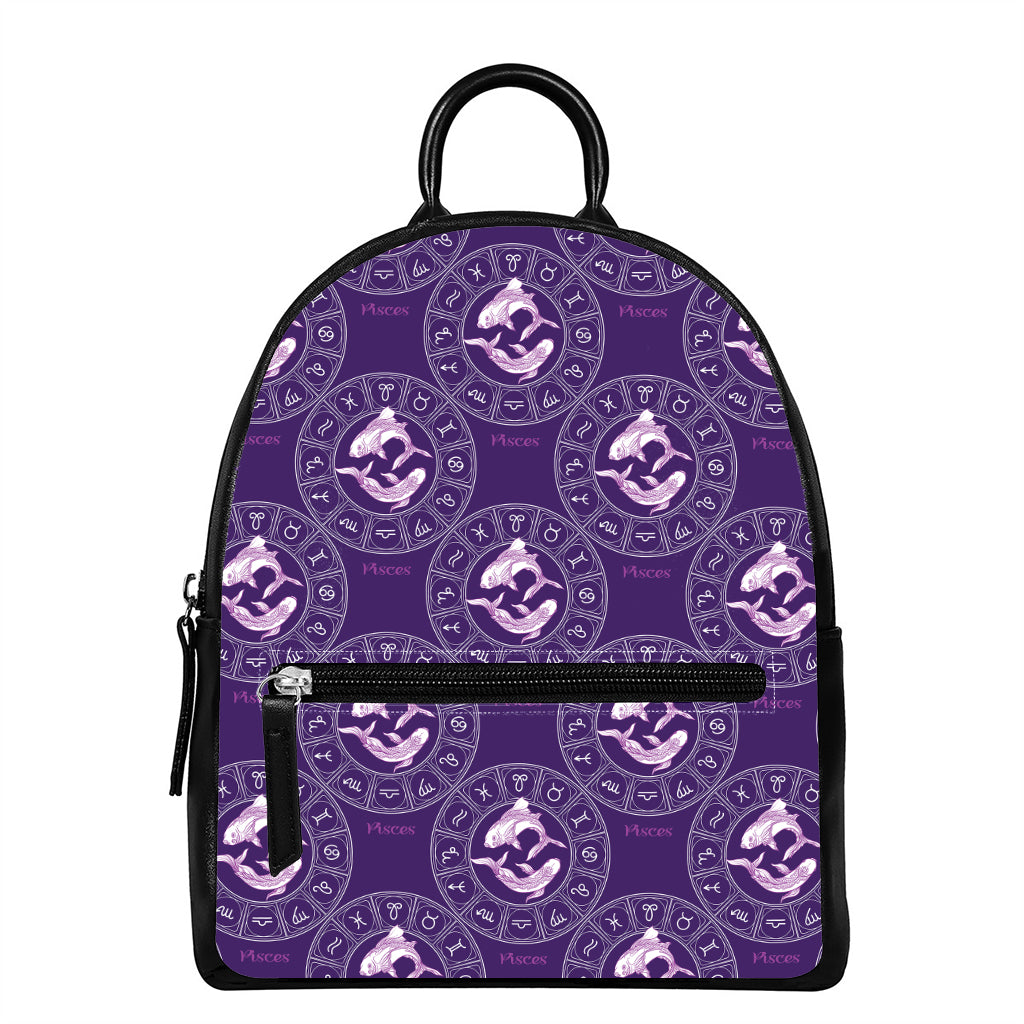 Purple Pisces Zodiac Pattern Print Leather Backpack