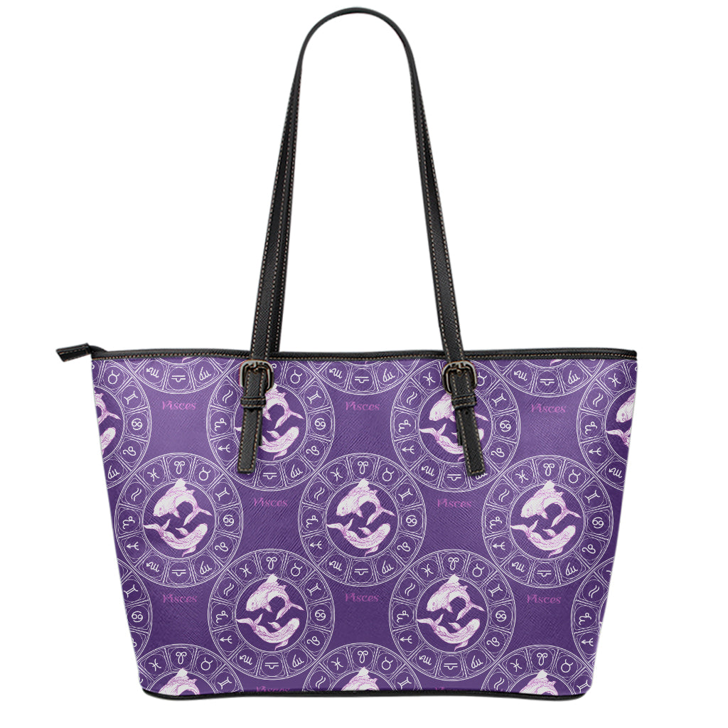 Purple Pisces Zodiac Pattern Print Leather Tote Bag