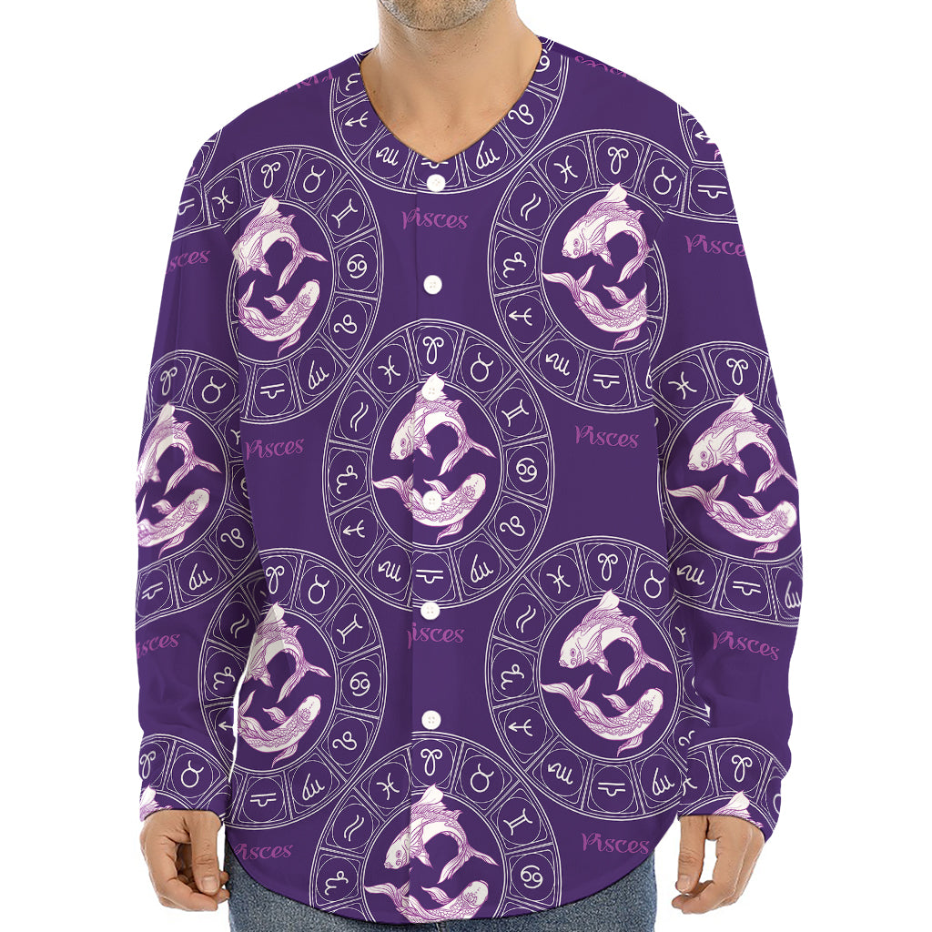 Purple Pisces Zodiac Pattern Print Long Sleeve Baseball Jersey