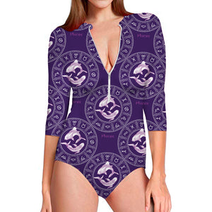 Purple Pisces Zodiac Pattern Print Long Sleeve Swimsuit