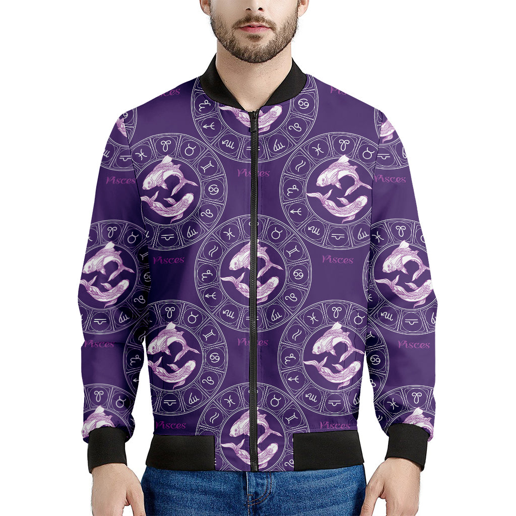 Purple Pisces Zodiac Pattern Print Men's Bomber Jacket