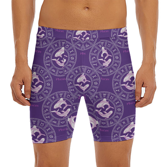Purple Pisces Zodiac Pattern Print Men's Long Boxer Briefs