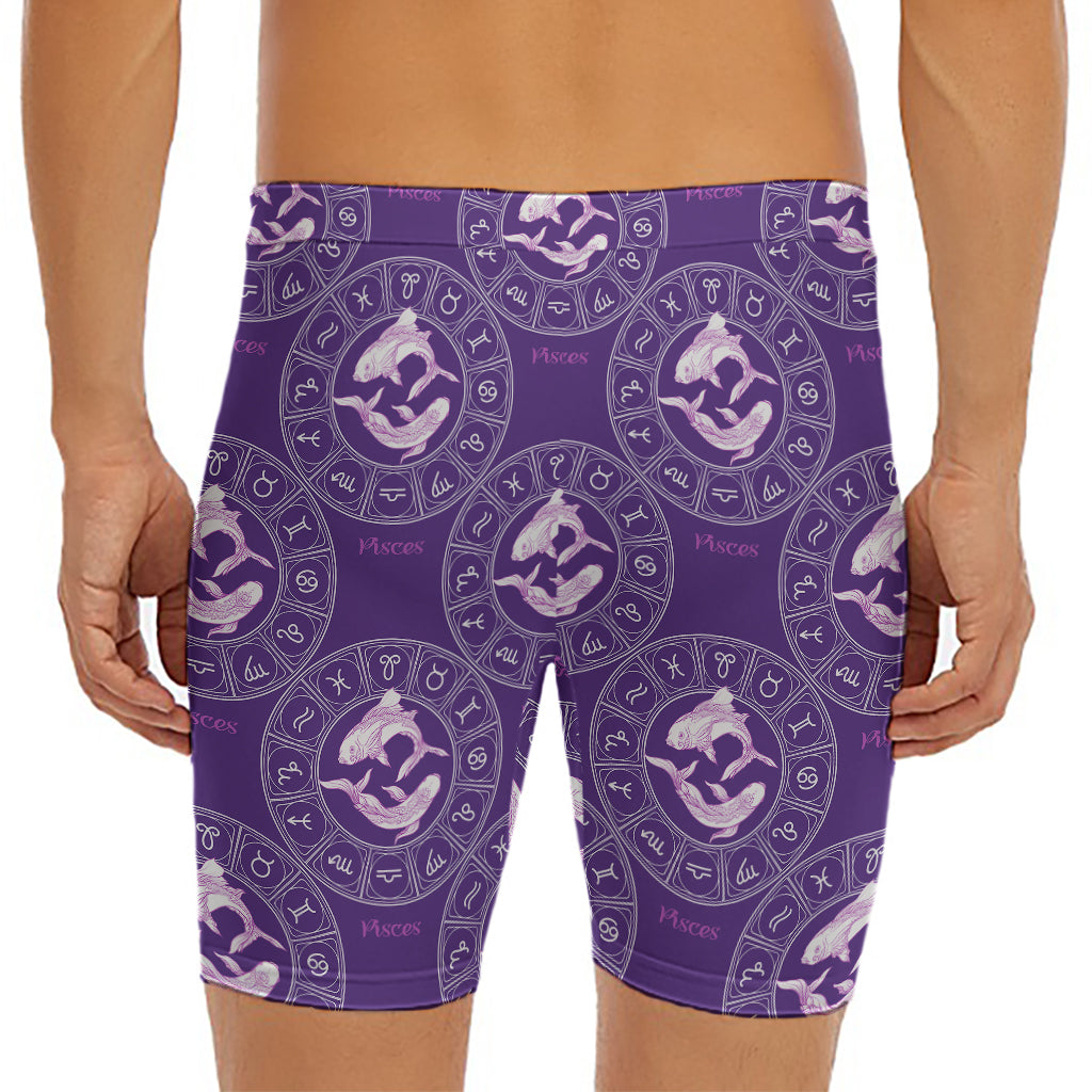 Purple Pisces Zodiac Pattern Print Men's Long Boxer Briefs
