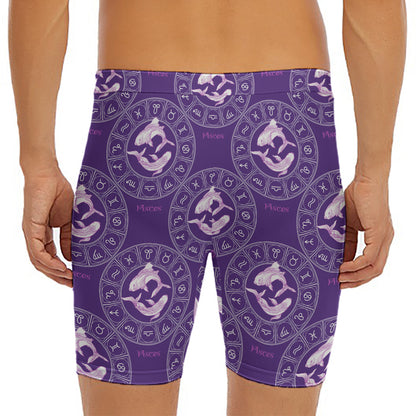 Purple Pisces Zodiac Pattern Print Men's Long Boxer Briefs