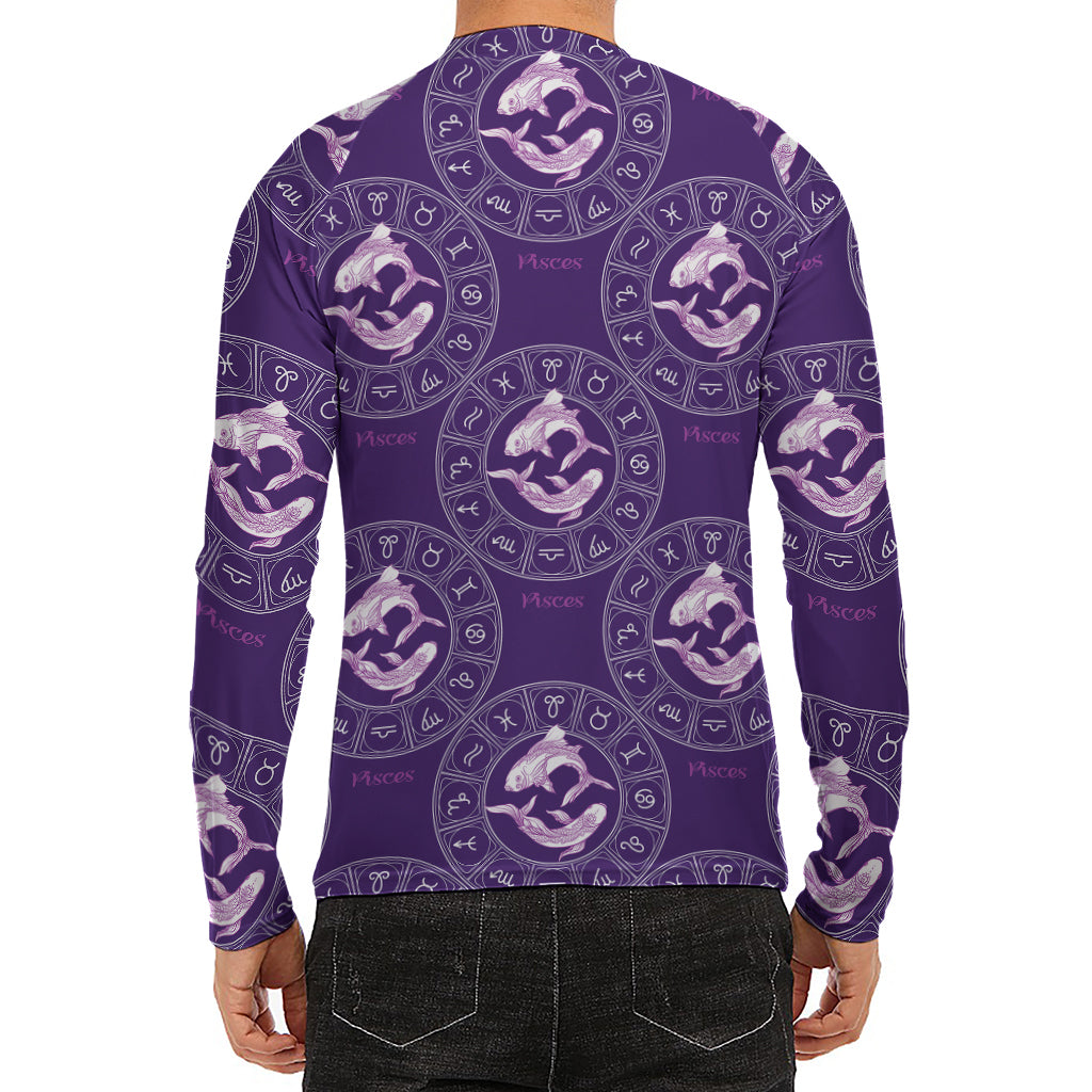 Purple Pisces Zodiac Pattern Print Men's Long Sleeve Rash Guard