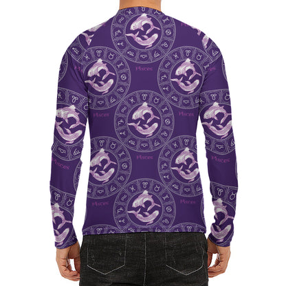 Purple Pisces Zodiac Pattern Print Men's Long Sleeve Rash Guard