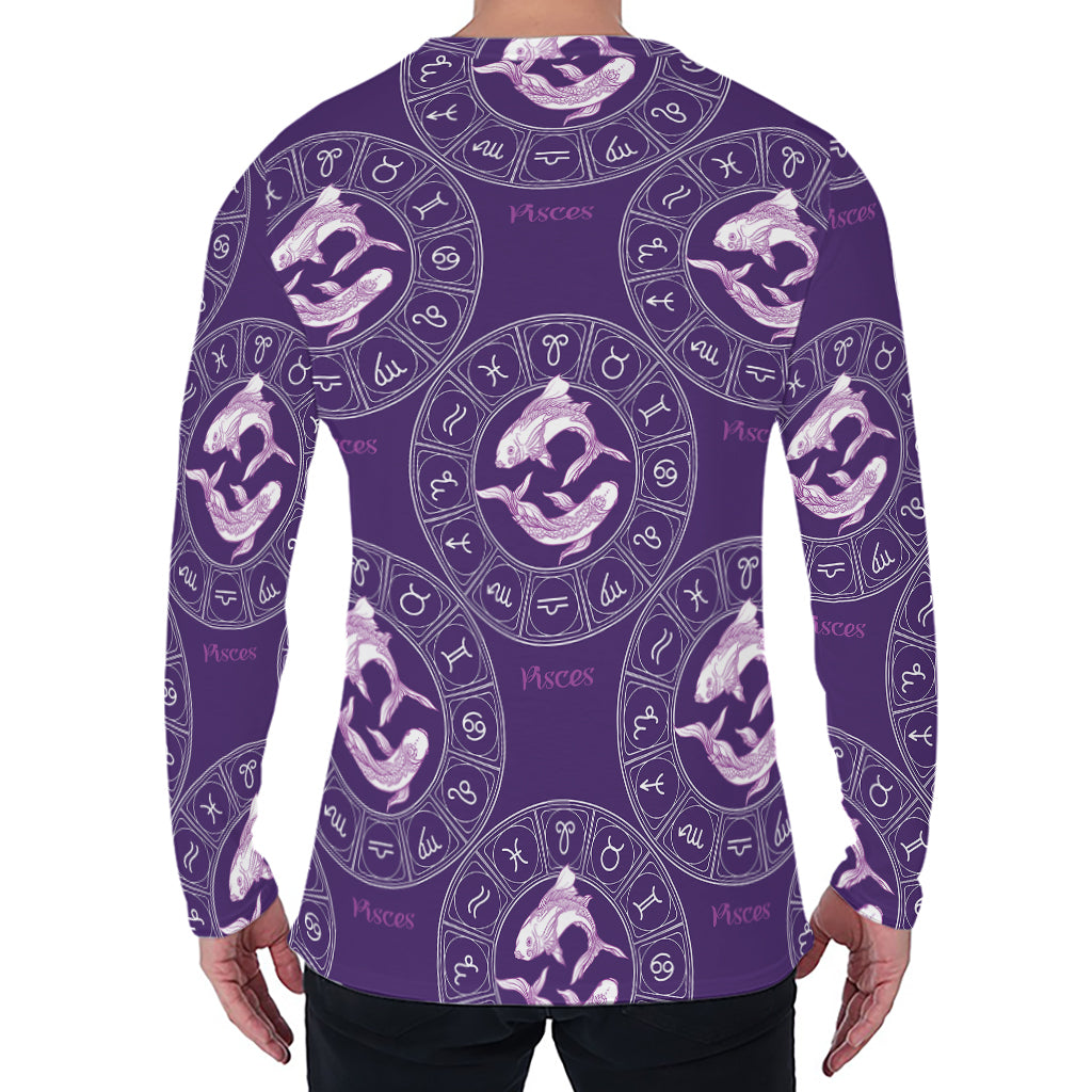 Purple Pisces Zodiac Pattern Print Men's Long Sleeve T-Shirt