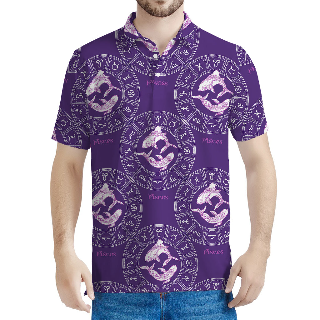 Purple Pisces Zodiac Pattern Print Men's Polo Shirt