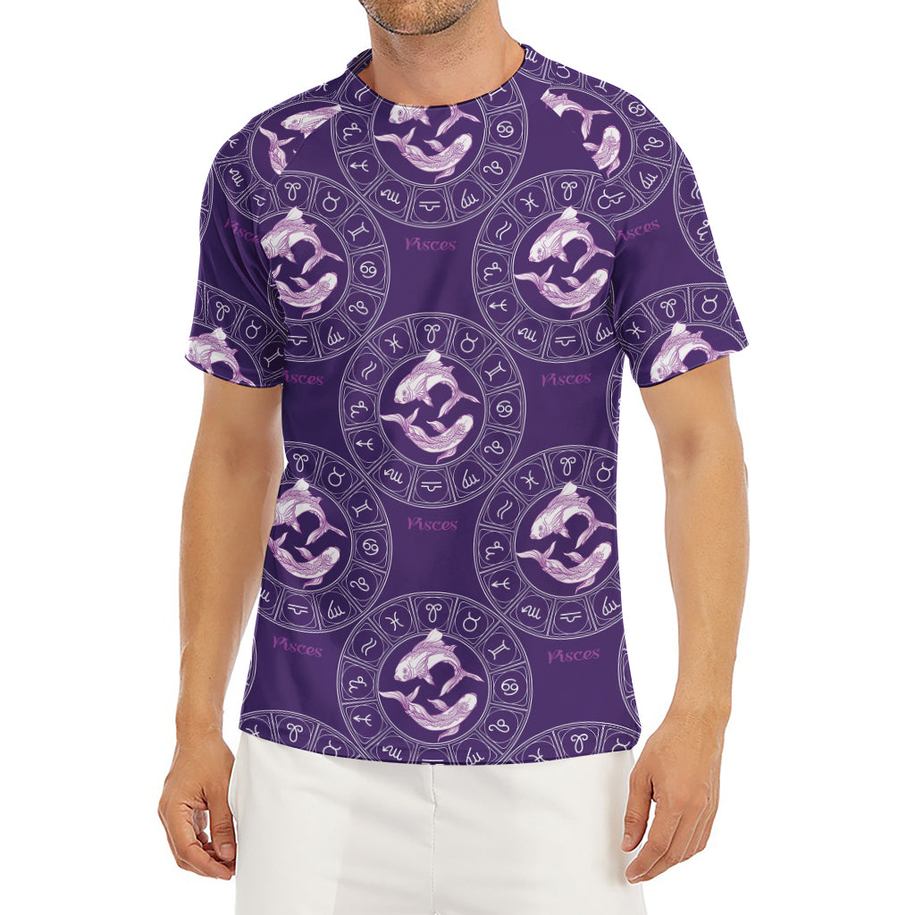 Purple Pisces Zodiac Pattern Print Men's Short Sleeve Rash Guard