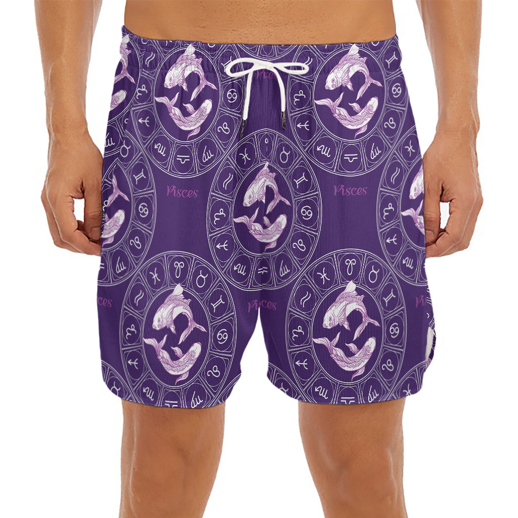 Purple Pisces Zodiac Pattern Print Men's Split Running Shorts