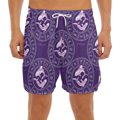 Purple Pisces Zodiac Pattern Print Men's Split Running Shorts