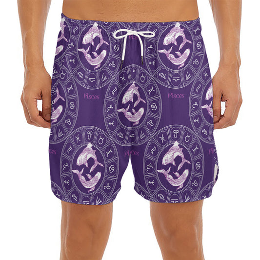 Purple Pisces Zodiac Pattern Print Men's Split Running Shorts