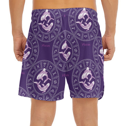 Purple Pisces Zodiac Pattern Print Men's Split Running Shorts