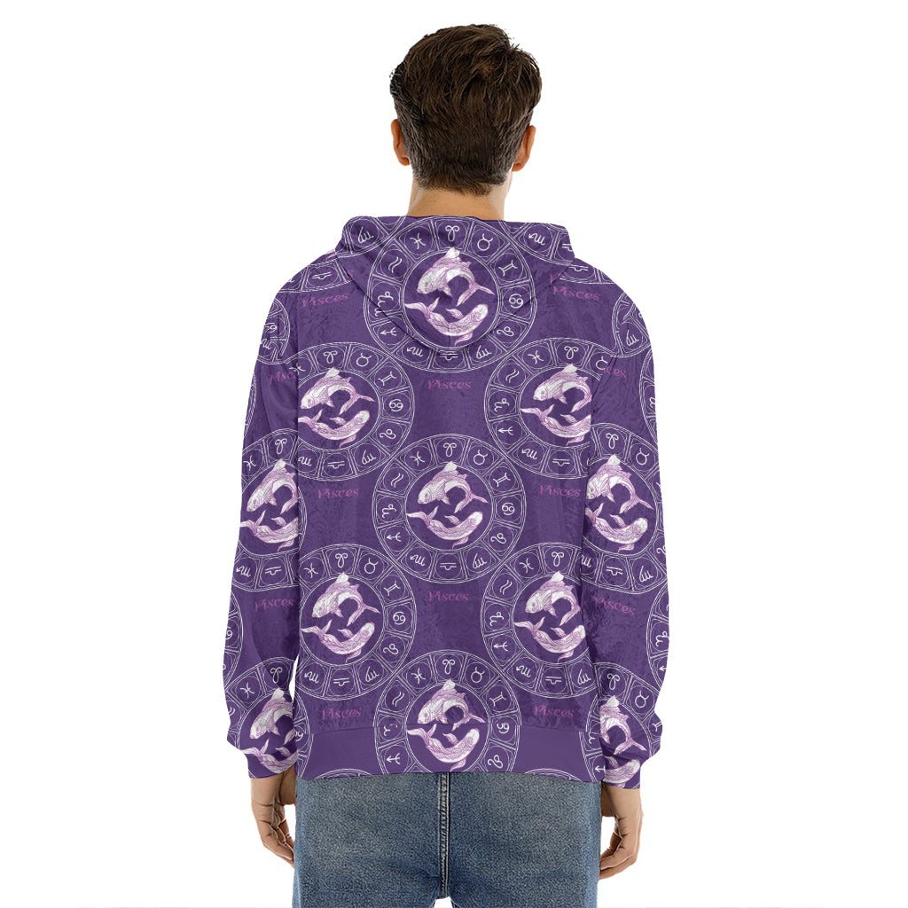 Purple Pisces Zodiac Pattern Print Men's Velvet Pullover Hoodie