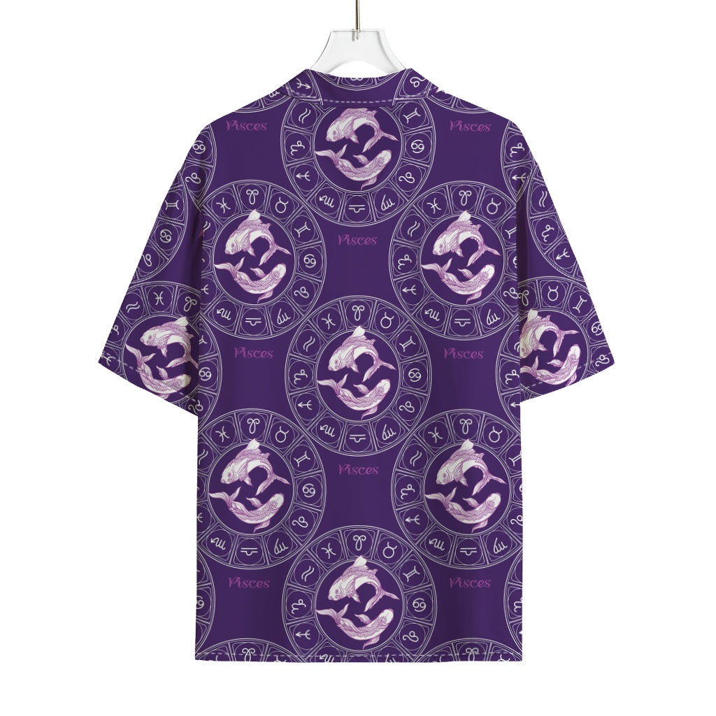 Purple Pisces Zodiac Pattern Print Rayon Hawaiian Shirt