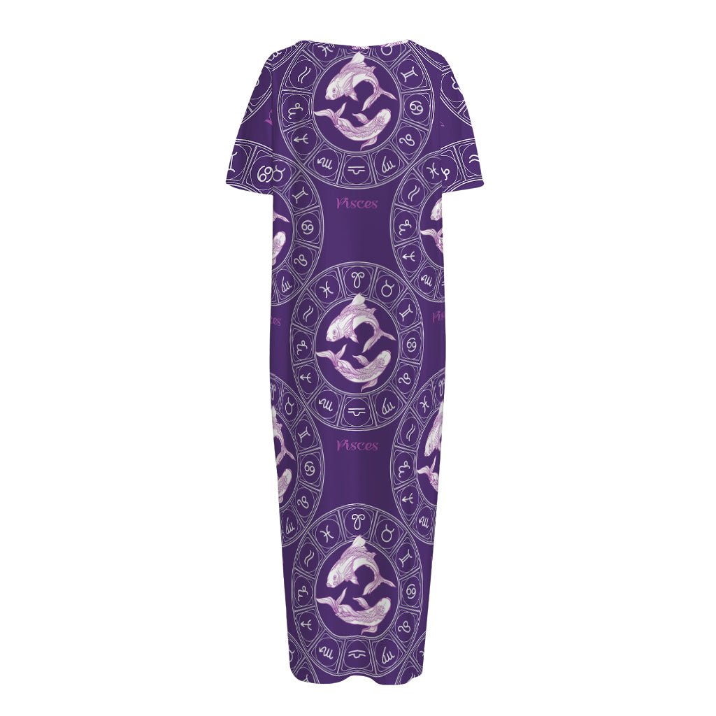 Purple Pisces Zodiac Pattern Print Short Sleeve Long Nightdress