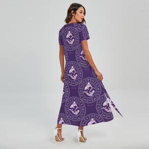 Purple Pisces Zodiac Pattern Print Short Sleeve Maxi Dress