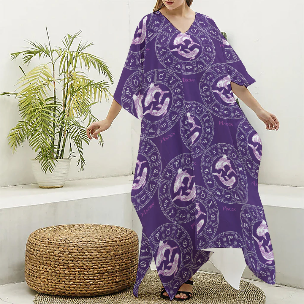 Purple Pisces Zodiac Pattern Print Silk V-Neck Kaftan Dress