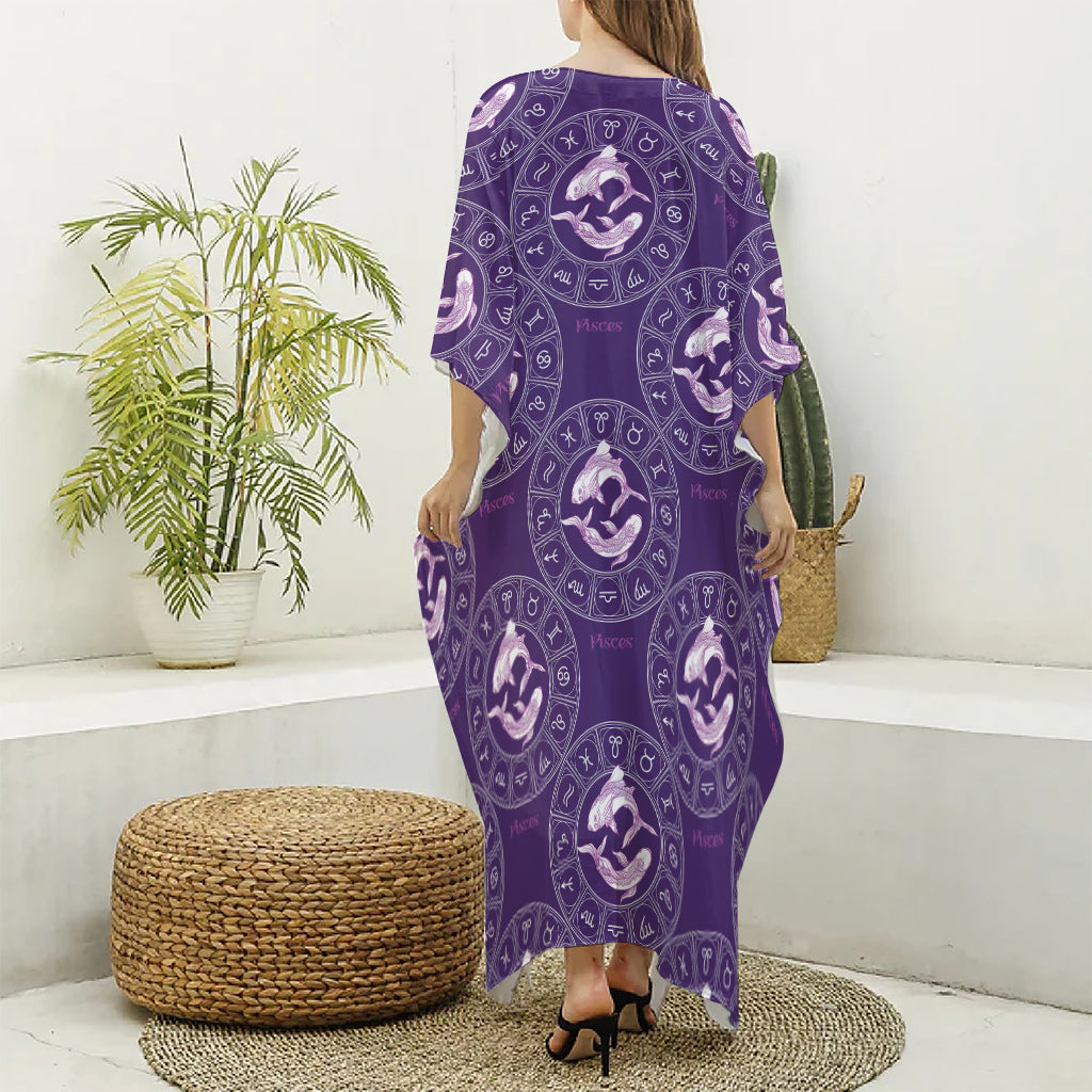 Purple Pisces Zodiac Pattern Print Silk V-Neck Kaftan Dress