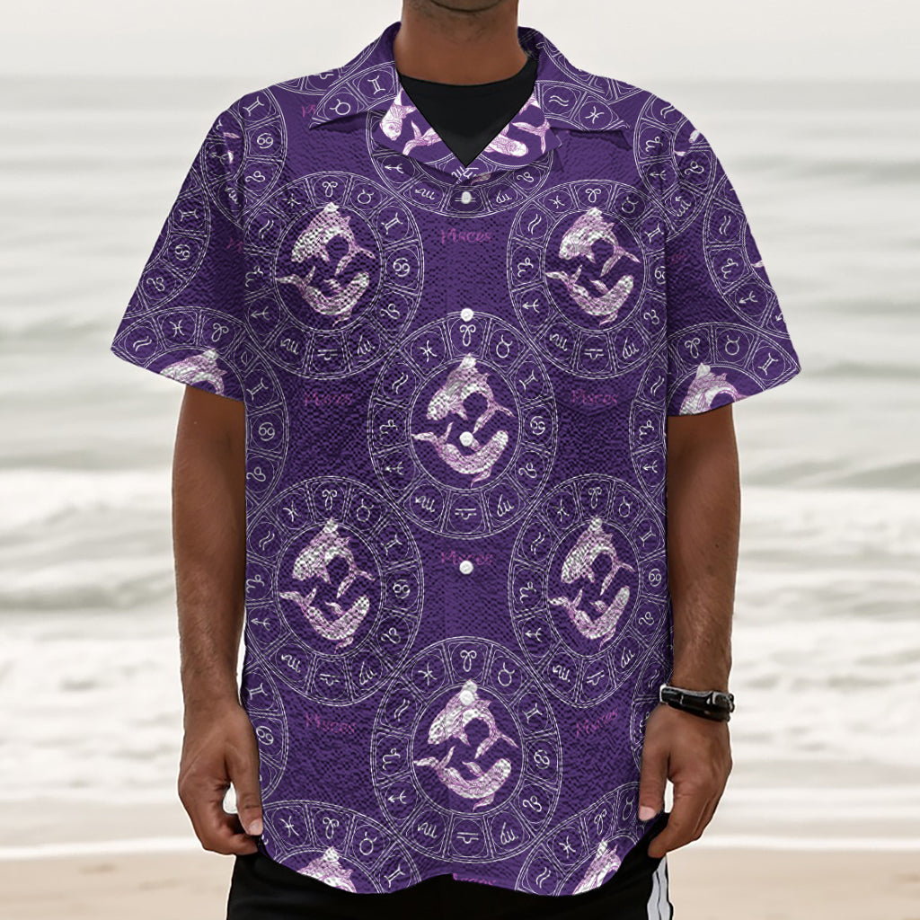 Purple Pisces Zodiac Pattern Print Textured Short Sleeve Shirt