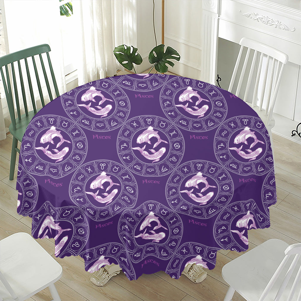 Purple Pisces Zodiac Pattern Print Waterproof Round Tablecloth