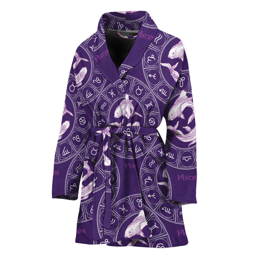 Purple Pisces Zodiac Pattern Print Women's Bathrobe