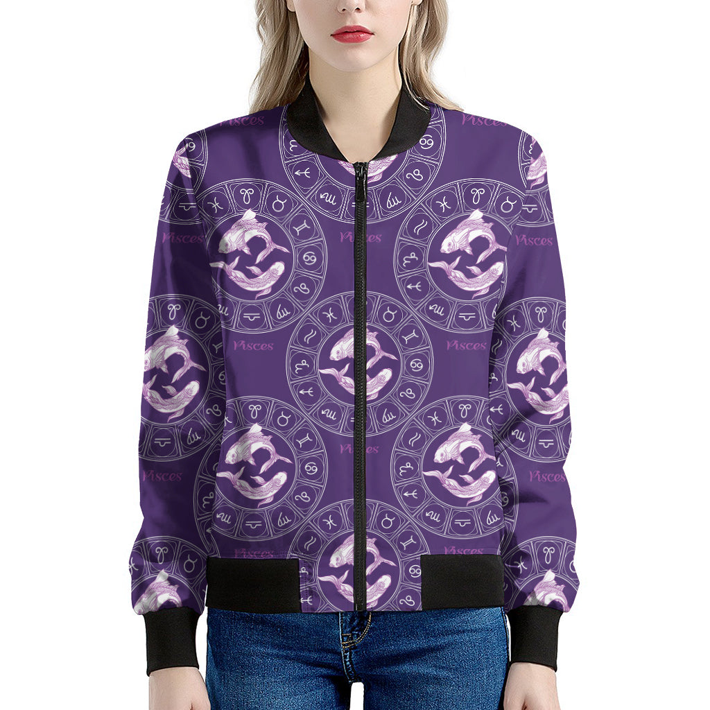 Purple Pisces Zodiac Pattern Print Women's Bomber Jacket