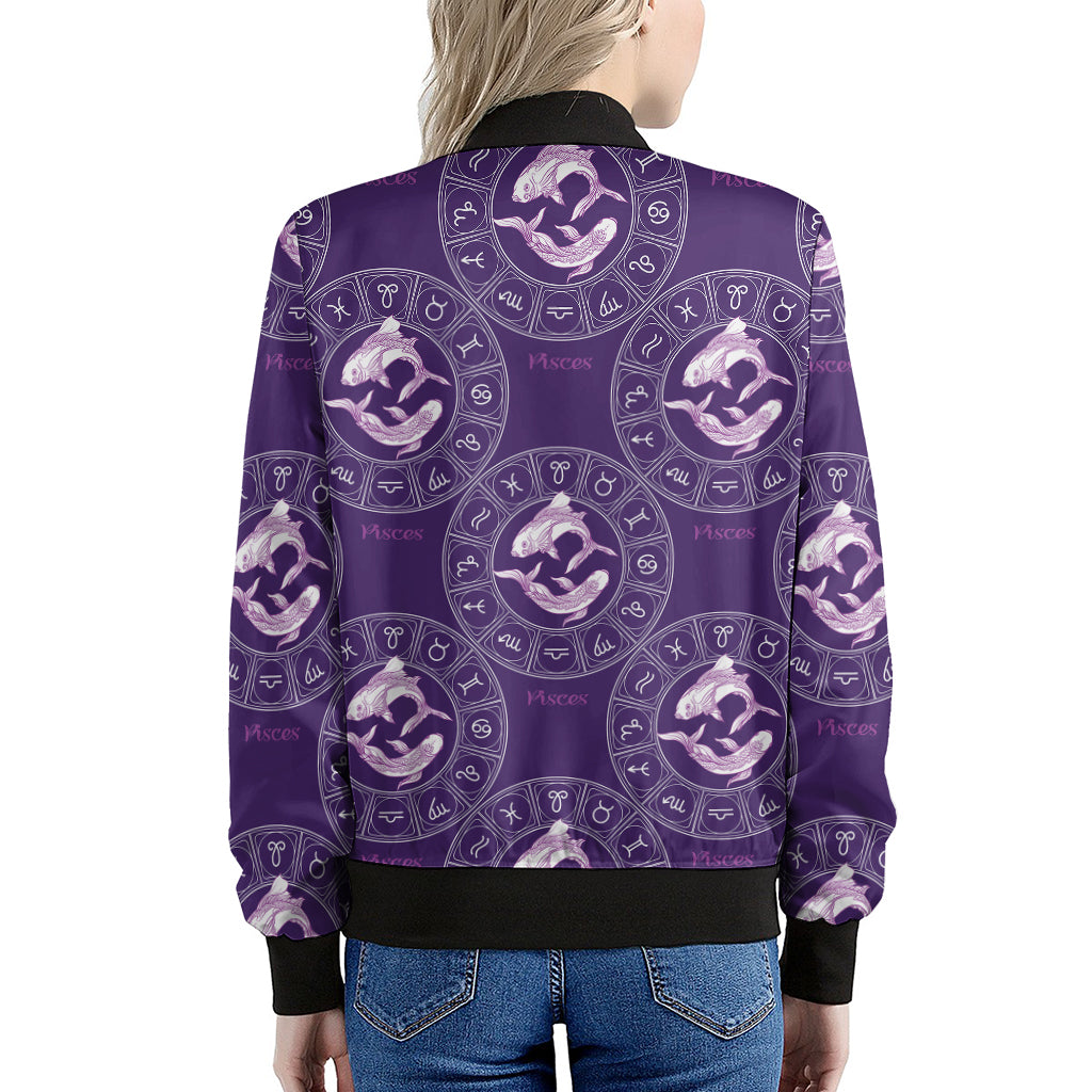 Purple Pisces Zodiac Pattern Print Women's Bomber Jacket